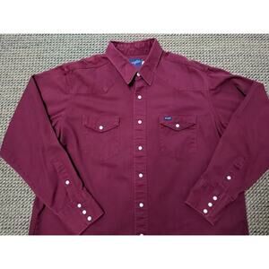 VTG Wrangler Maroon Denim Work Western Shirt Pearl Snap Size 18 x 36 Made In USA